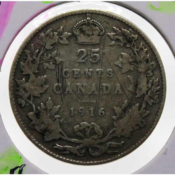 1916 CANADA KING GEORGE V SILVER 25 CENT COIN