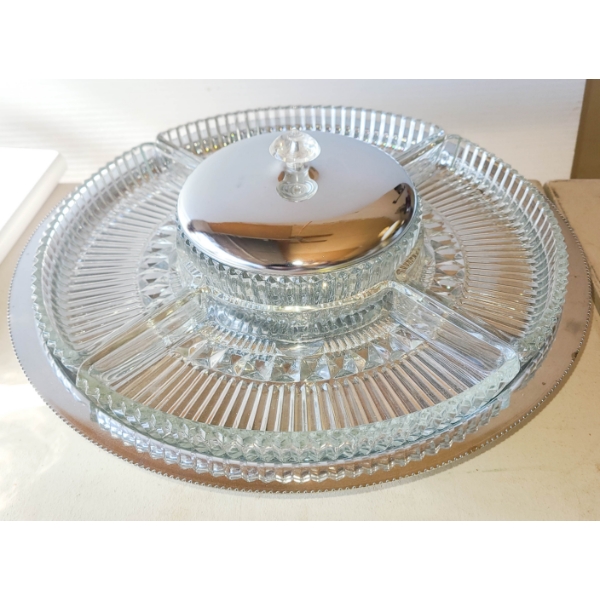 VINTAGE KROMEX CHROME & GLASS LAZY SUSAN SERVING TRAY