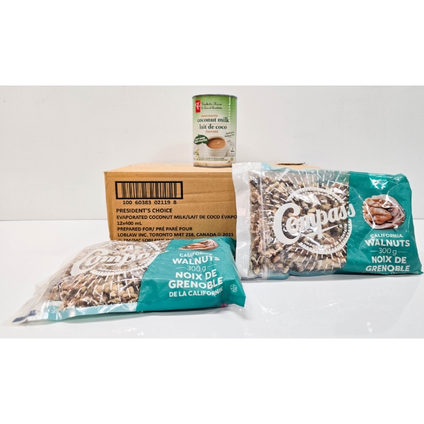 12 CANS EVAPORATED COCONUT MILK & 2 X 300G CALIFORNIA WALNUTS