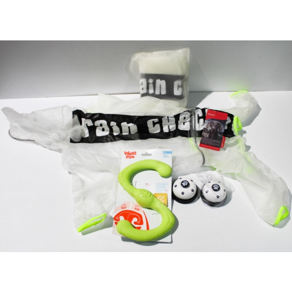 DOG SUPPLIES - WEST PAW TOY - 2 RAIN COATS - 2 TRAINING BELLS