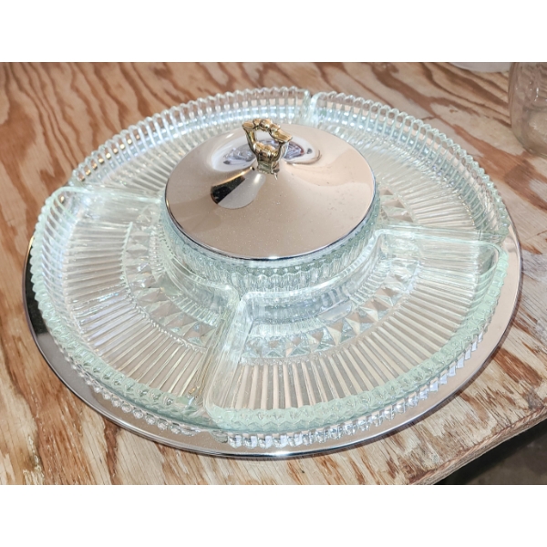 VINTAGE KROMEX CHROME & GLASS LAZY SUSAN SERVING TRAY