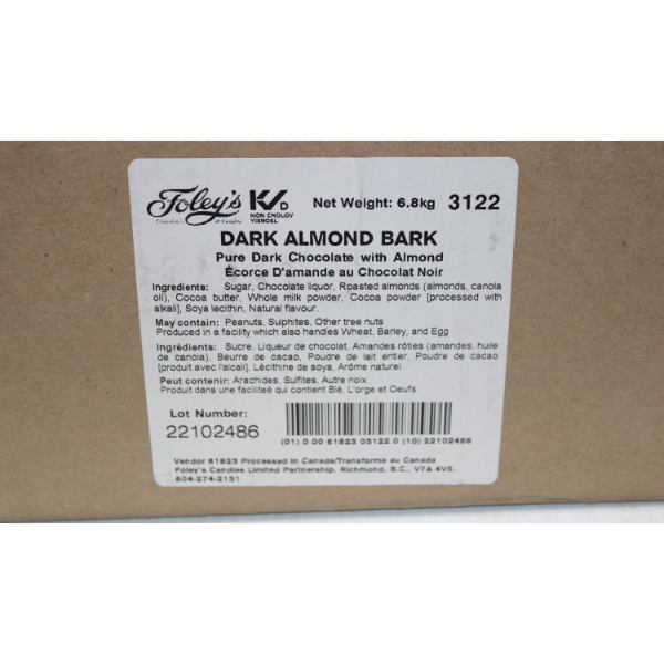6.8 KG FOLEYS DARK ALMOND BARK BULK