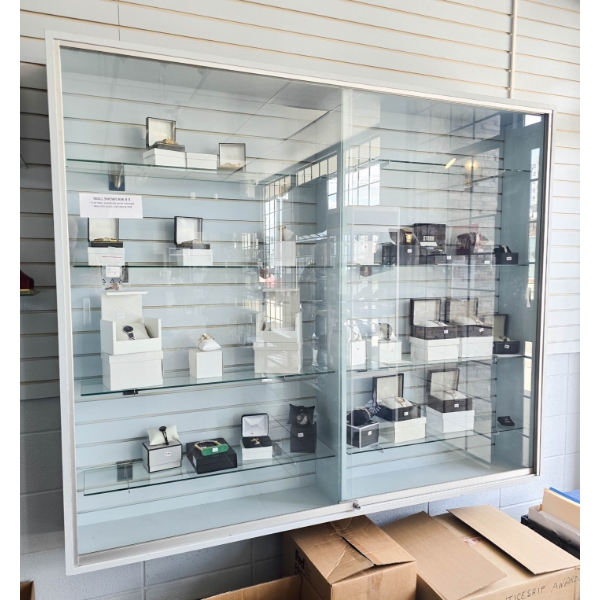LARGE WALL DISPLAY CASE W/ GLASS SHELVES AND LOCK KEYS