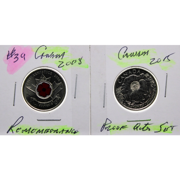 2008 & 2015 PROOF CANADA POPPY 25 CENT COINS