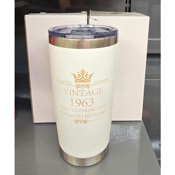 TWO LTD ED. VINTAGE 1963 "60 YEAR" COMMEM. LIDDED MUGS