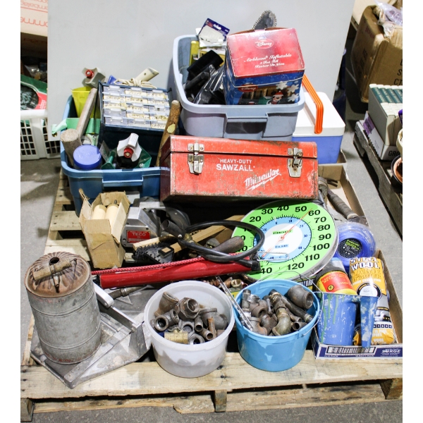 ESTATE PALLET OF TOOLS & HOUSEHOLD ITEMS