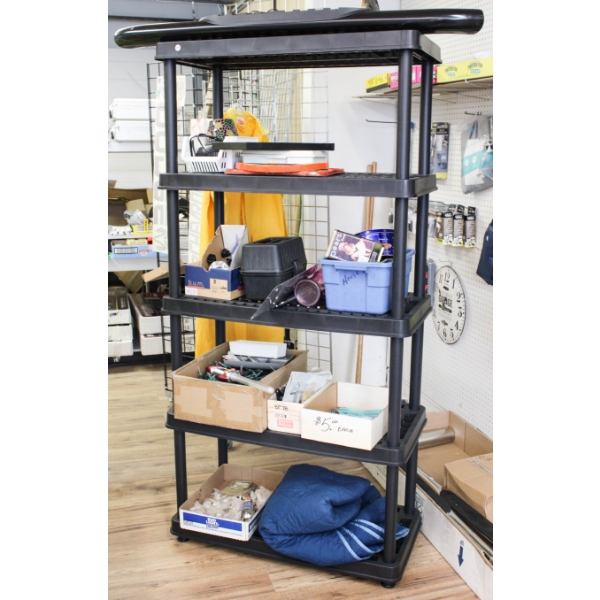 HEAVY DUTY PLASTIC 5 SHELVE 3FT X 6FT X 18-INCH-DEEP W/CONTENTS