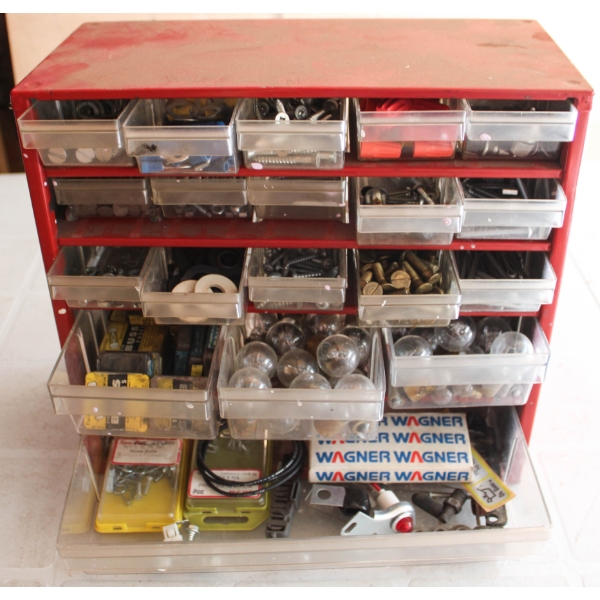 METAL PARTS BIN W/ ASST. PARTS & HARDWARE