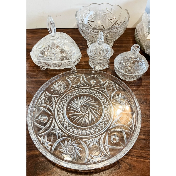 PINWHEEL CRYSTAL LIDDED & FOOTED CANDY DISH ETC.