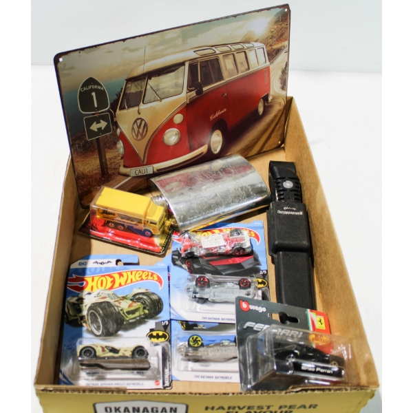  BERKELEY FILLET KNIFE, VOLKSWAGEN TIN SIGN, FLASK & VARIOUS HOT WHEELS