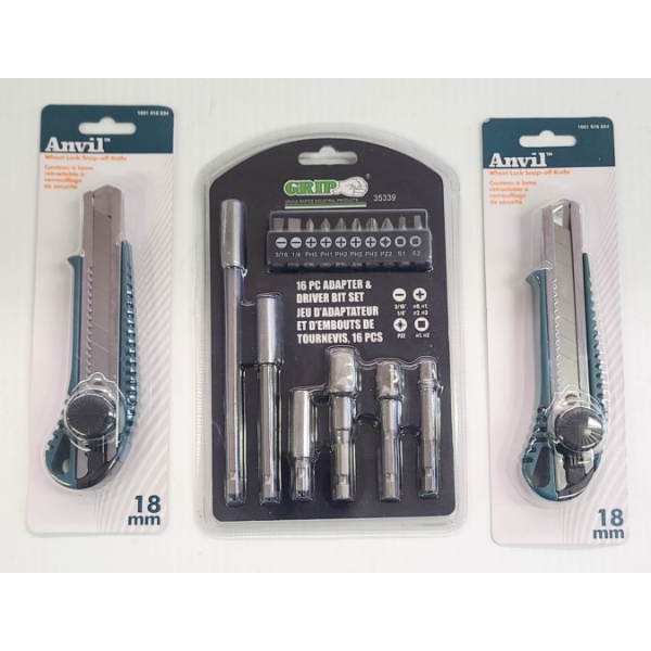 NEW 16 PC  GRIP ADAPTER & DRIVER BIT SET w/ 2 SNAP OFF KNIVES
