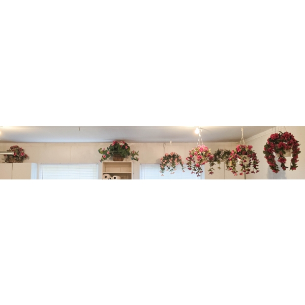 4 HANGING AND 3 TABLE TOP FAKE PLANTS