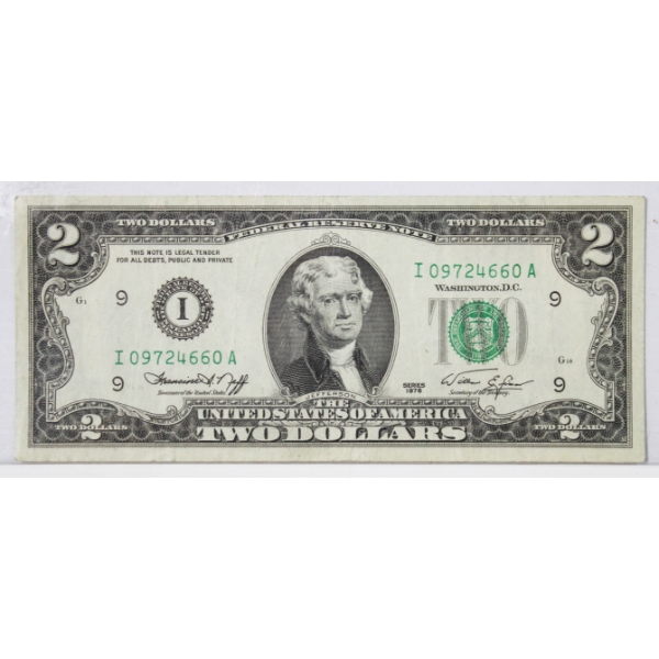 1976 SCARCE GREEN SEAL USA $2 BANKNOTE