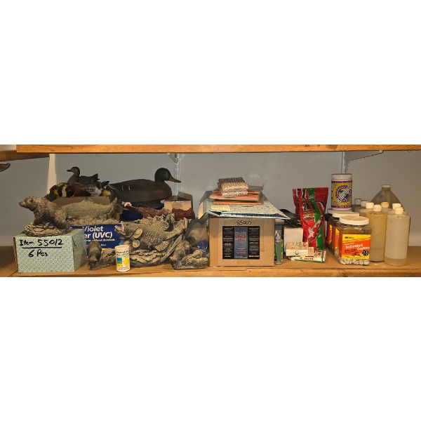 SHELF OF ANIMAL DISPLAYS, POND CARE ITEMS & MORE