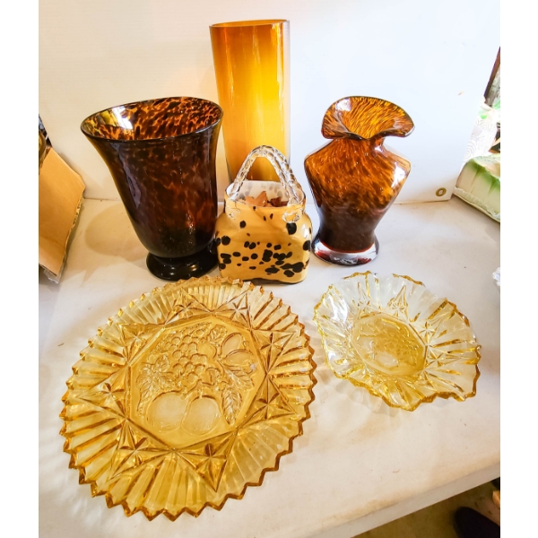 AMBER GLASS VASES & SERVING PLATTERS