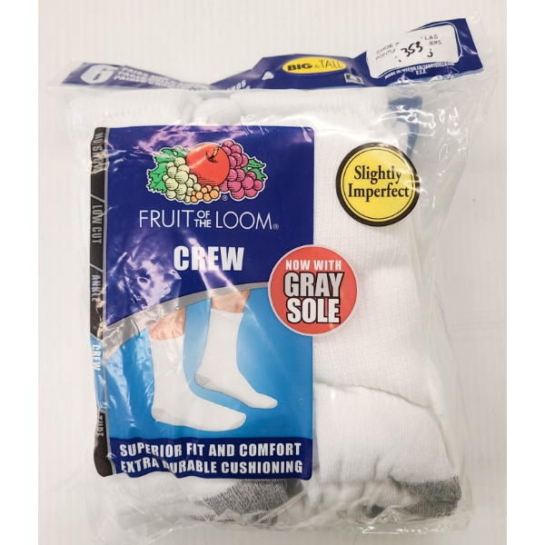 MEN'S FRUIT OF THE LOOM BIG & TALL WHITE CREW SOCKS