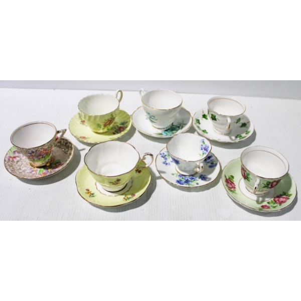 7 ASSORTED TEA CUP & SAUCER SETS