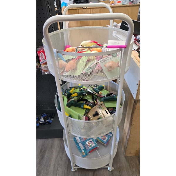 3 TIER ROLLING ROUND METAL DISPLAY RACK WITH CONTENTS