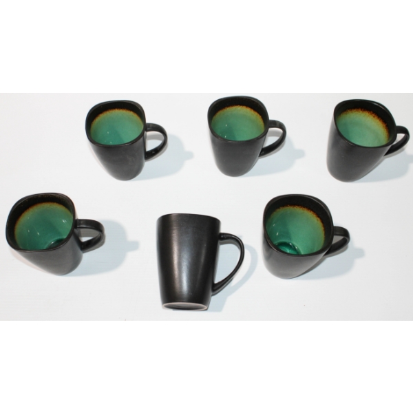 6 STONEWARE MUGS - GREEN INSIDE