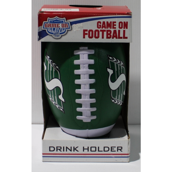 NEW GAME ON FOOTBALL DRINK HOLDER SASK. ROUGHRIDERS