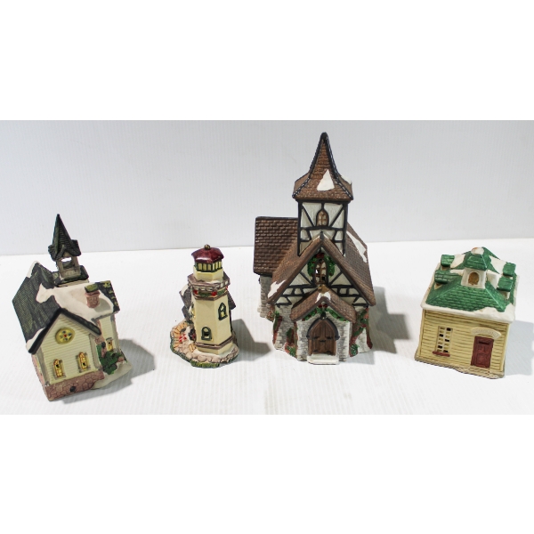 4 CHRISTMAS VILLAGE CHURCH & LIGHT HOUSE ETC. LIGHT READY