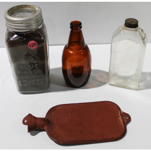 ORIG. BLUE RIBBON COFFEE JAR W/ CONTENTS ETC.