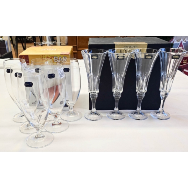 NEW BOHEMIA CRYSTAL CHAMPAGNE FLUTES & BEER GLASSES