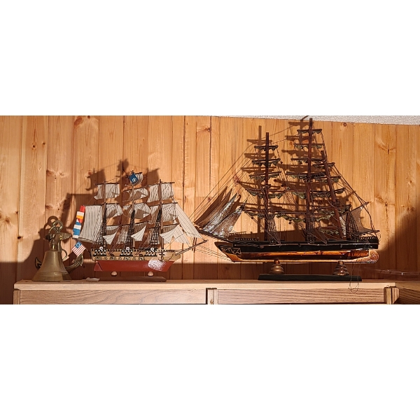 2 WOOD ORNAMENT SHIPS W/ BRASS BELL
