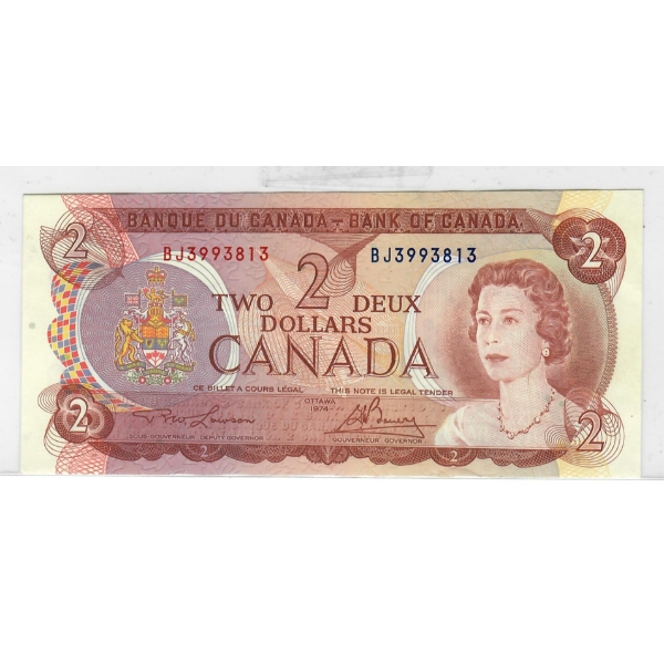 1974 MULTI COLORED CANADA $2 DOLLAR BANK NOTE