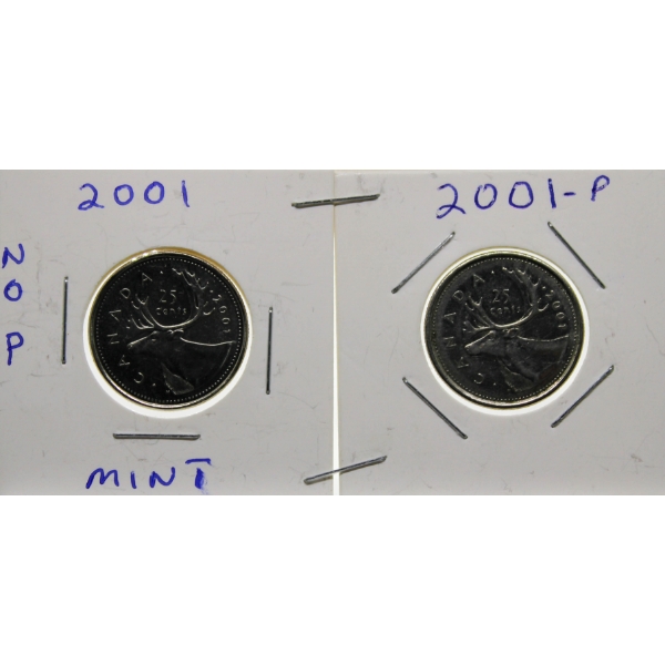 TWO 2001 CANADIAN 25 CENT COINS 