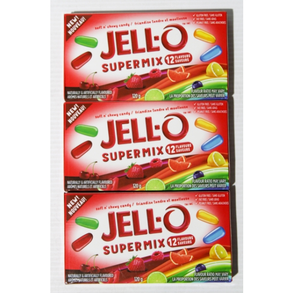 3PKS JELL-O SUPERMIX CHEWY cANDY 120G PER