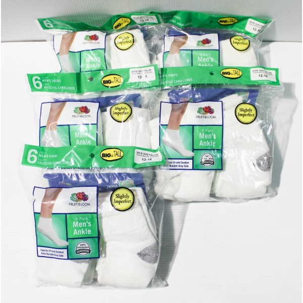 5 X 6PR FRUIT OF THE LOOM BIG & TALL MEN'S ANKLE SOCKS