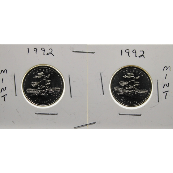 TWO 1992 ONTARIO CANADA MINT 25 CENT COINS