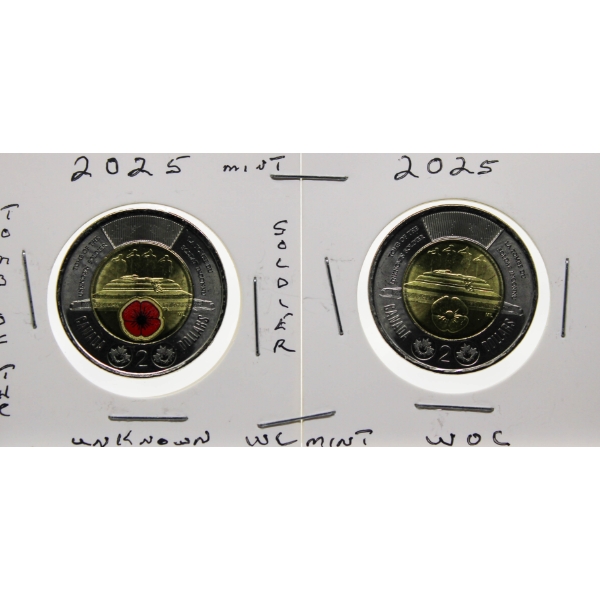 TWO CANADA TOMB OF THE UNKNOWN SOLDIER $2 COINS