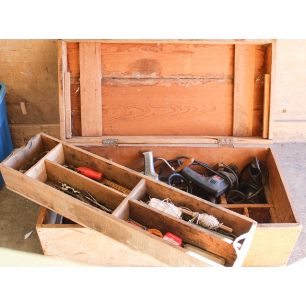 LARGE WOODEN TOOL BOX W/ DRILLS, BITS ETC