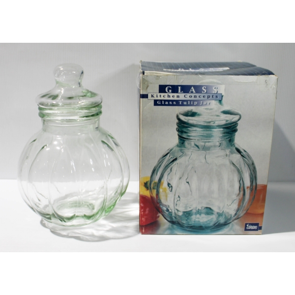 7 QUART KITCHEN CO. GREEN GLASS TULIP JAR