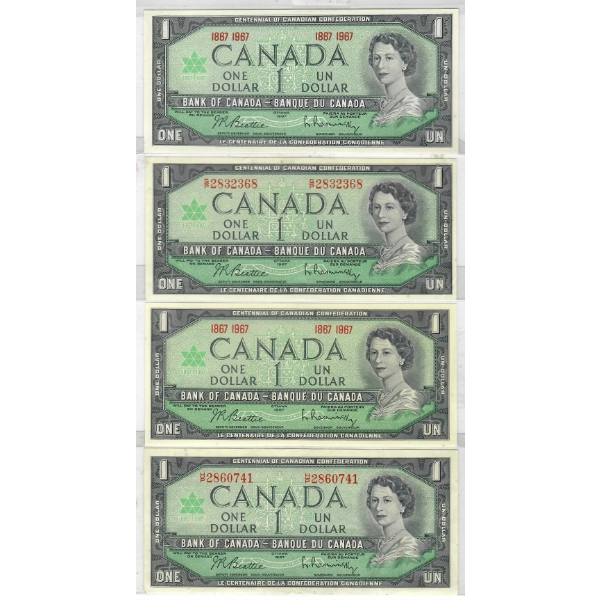 FOUR 1967 CANADIAN CENTENNIAL $1 BANK NOTES