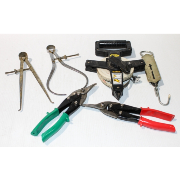 ASSORTED TOOLS TIN SNIPS,15M TAPE ETC