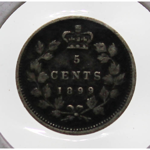 1899 CANADIAN SILVER VICTORIAN 5 CENT COIN