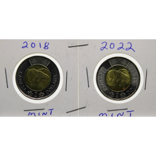 2018 & 2022 CANADIAN MINT $2 DOLLAR COINS