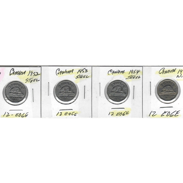 1952, 53, 54 AND 55 CANADA STEEL 5 CENT COINS