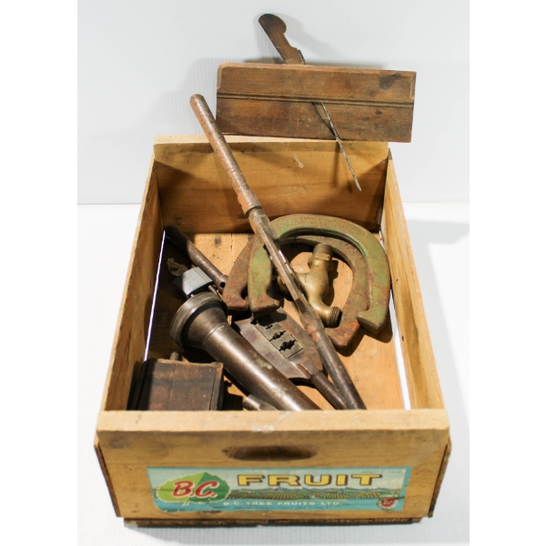 B.C. FRUIT BOX W/ MODEL T COIL, VINTAGE WOOD PLANE, 