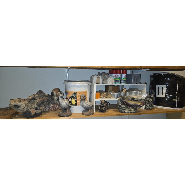SHELF OF ANIMAL DISPLAYS, POND CARE ITEMS & MORE