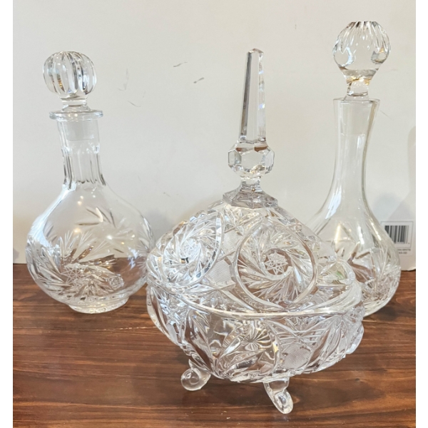 2 PINWHEEL CRYSTAL DECANTERS & FOOTED CANDY DISH