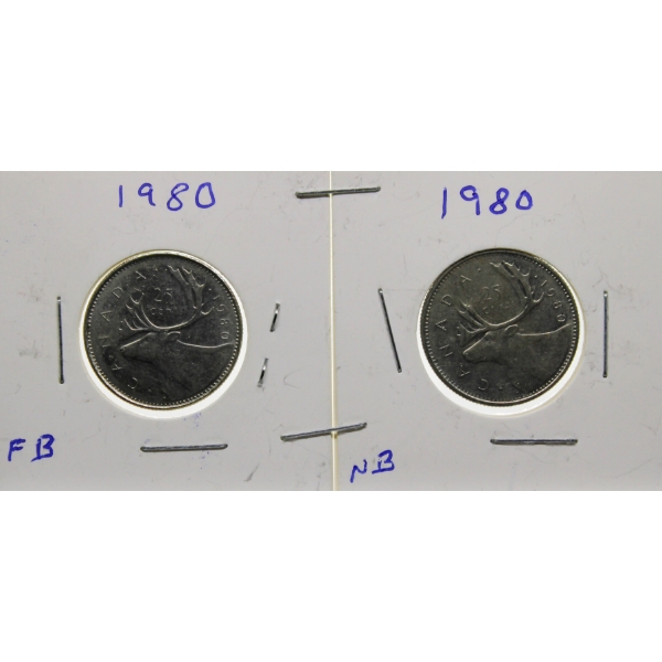 TWO 1980 CANADIAN FAR BEAD & NEAR BEAD 25 CENTS