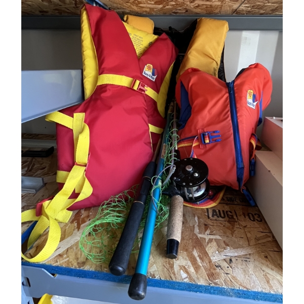 ADULT & CHILD USED LIFE JACKETS & FISHING RODS