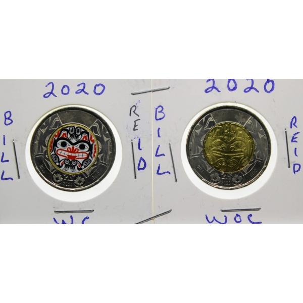 TWO 2020 CANADA BILL REID WC & WOC $2 COINS