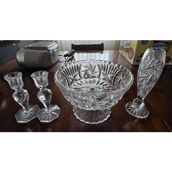 PINWHEEL CRYSTAL INC. BOWL, CANDLE HOLDERS AND VASE
