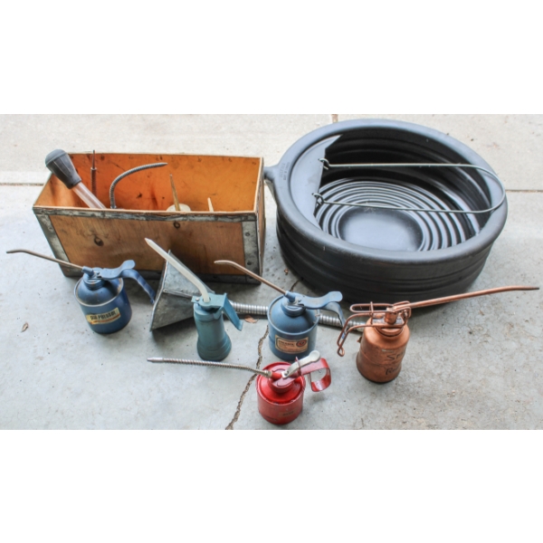 OIL DRIP PAN, OIL CANS AND FUNNELS