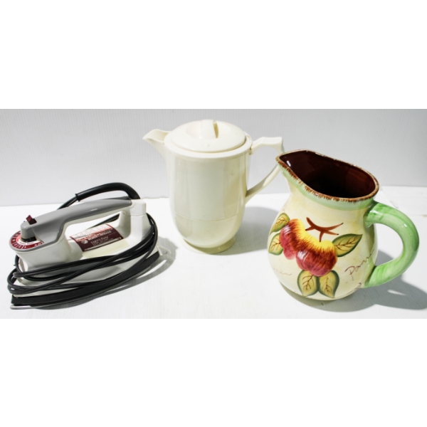 CLOTHES IRON & 2 WATER PITCHERS